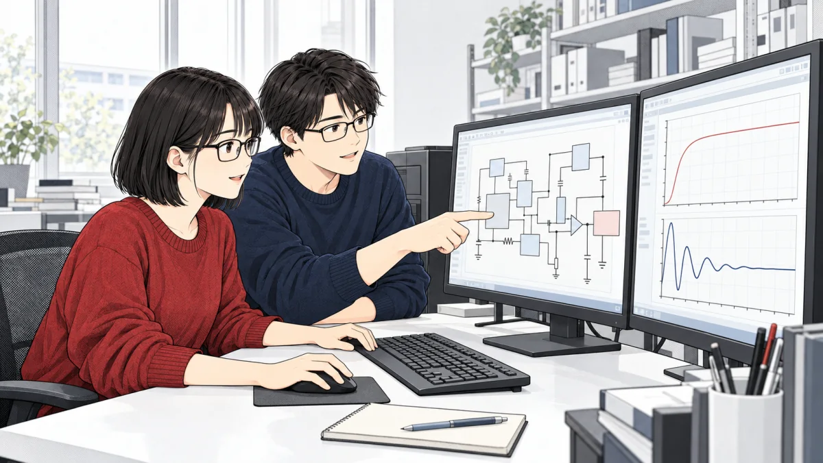架空の学生2人が回路図と応答の模式表示を確認する概念イラスト