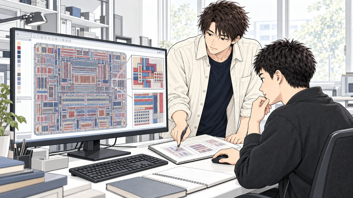 架空の学生2人がチップ内の細かな配線層を画面と紙で検討する概念イラスト
