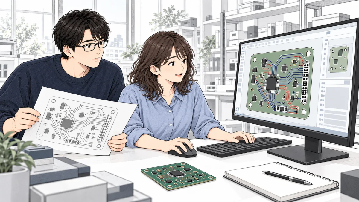 架空の学生2人が部品とコネクターを載せた基板の配線を検討する概念イラスト