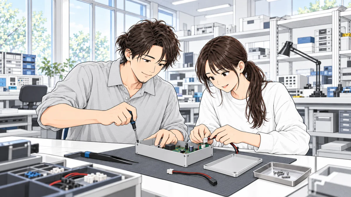 架空の学生2人が電源を接続していない試作基板を筐体に固定し、配線を組み立てる概念イラスト
