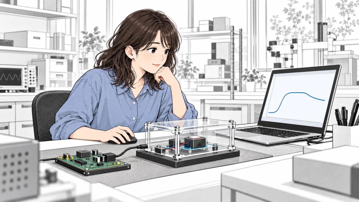 架空の学生が一般的なセンサー測定構成の模式イメージとPC上の説明用応答を確認する概念イラスト
