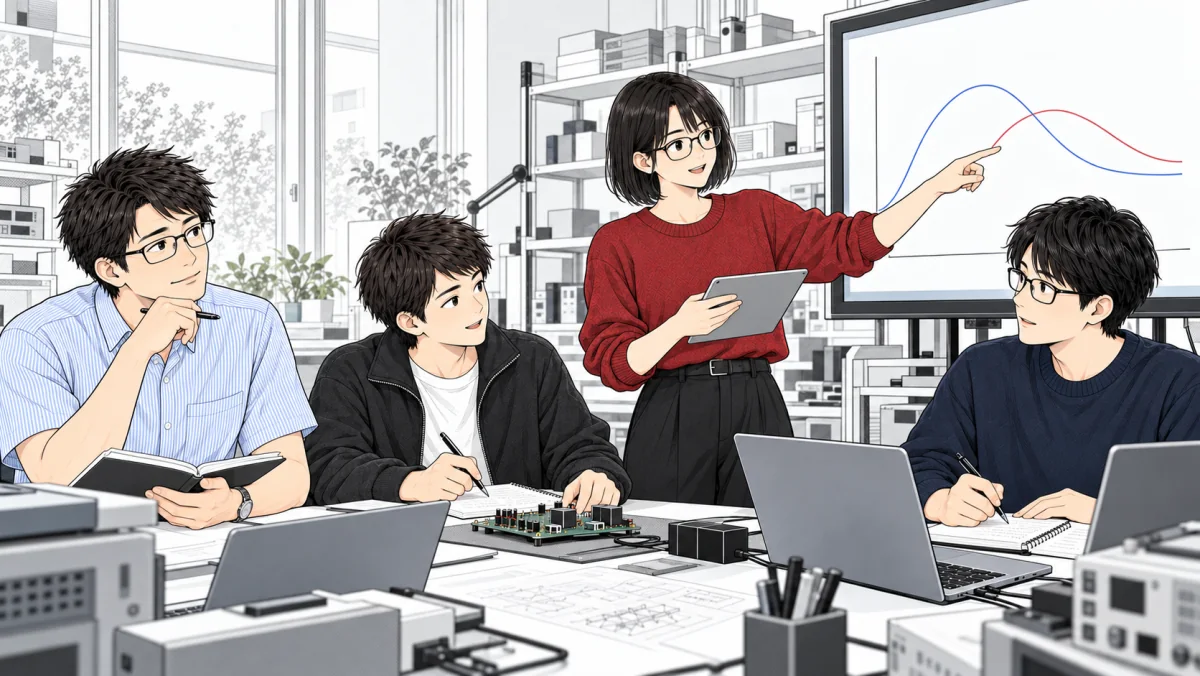 教授をイメージした人物と架空の学生たちが、試作基板と模式的な曲線を囲んで議論する概念イラスト