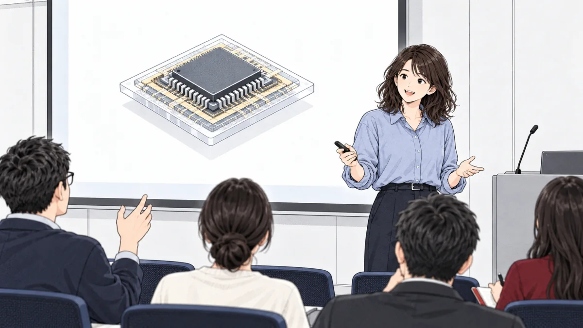 架空の学生がチップの模式図を投影して発表し、聴衆からの質問に答える概念イラスト